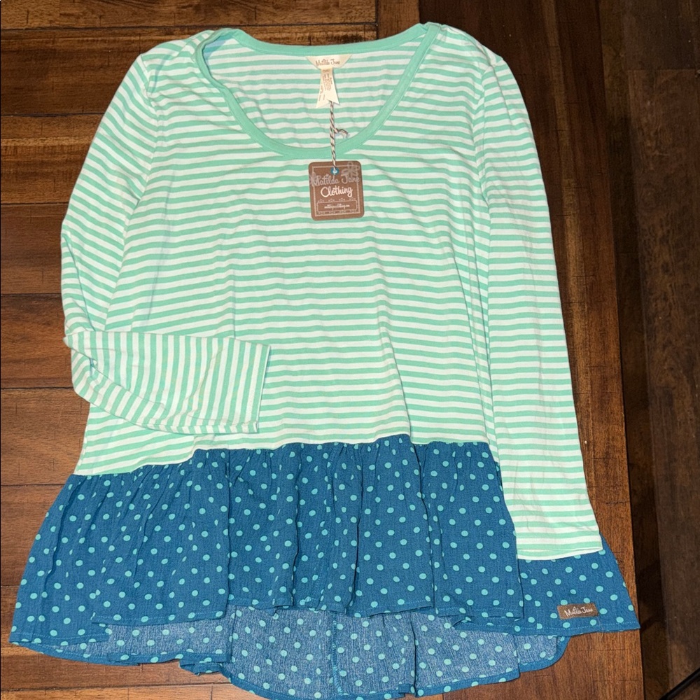 Matilda Jane women's long-sleeve tunic top size medium polkadot with stripes nwt